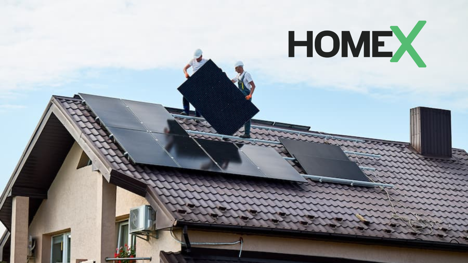 crew installing solar panels on a roof, HomeX logo above them