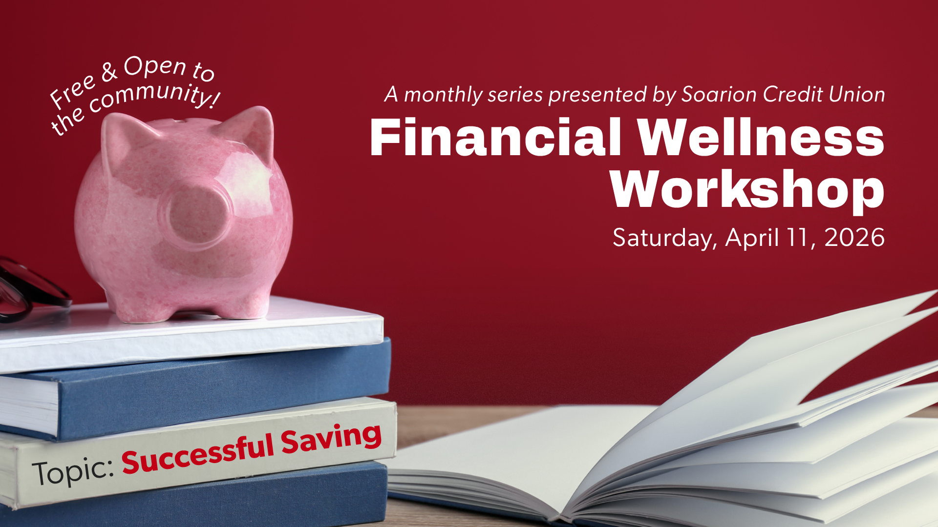 Piggy bank sitting on top of books with workshop info as text above